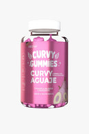 Envase rosado de curvy gummies con aguaje gomitas suplemento de salud sabor frutos rojos para firmeza corporal