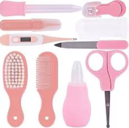 Set rosa de higiene infantil con tijeras, cortaúñas, lima, cepillo, peine y aspirador nasal kit de cuidado para uñas de bebés