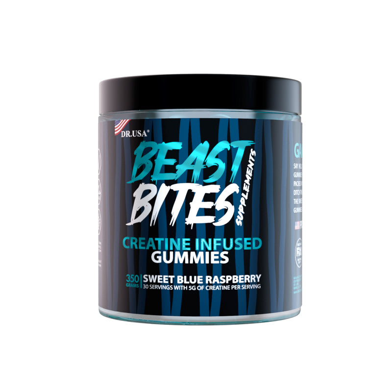 Frasco Tendeli Ecuador Beast Bites con gummies de creatina sabor frambuesa azul para suplementacion deportiva