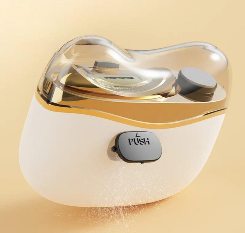 cortaúñas 2 en 1 para manicura eléctrico para bebé blanco y dorado con tapa transparente y botón push