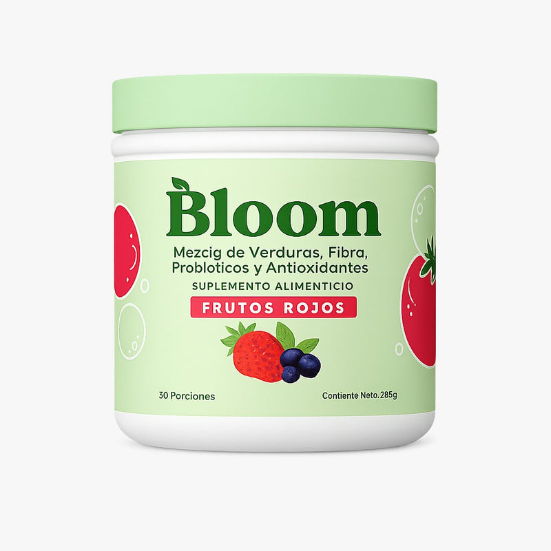 Envase Bloom de polvo para salud sabor frutos rojos suplemento alimenticio frutos rojos con fibra y probioticos