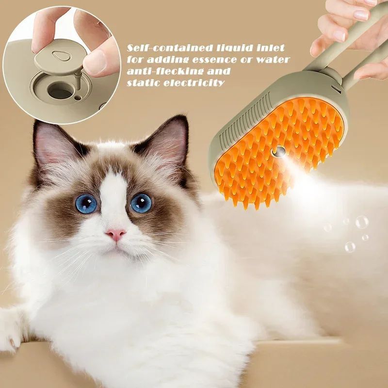 cepillo de vapor para mascotas Tendeli Ecuador con cerdas de silicona naranja y vapor sobre gato largo