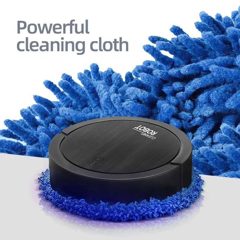 robot de barrido y trapeado inteligente negro con paño microfibra azul para limpieza doméstica eficiente