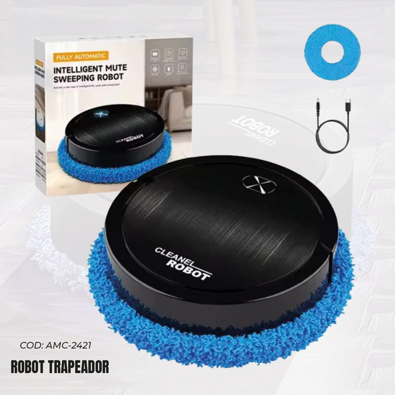 robot de barrido y trapeado inteligente Tendeli Ecuador negro redondo con almohadilla azul de microfibra y cable USB