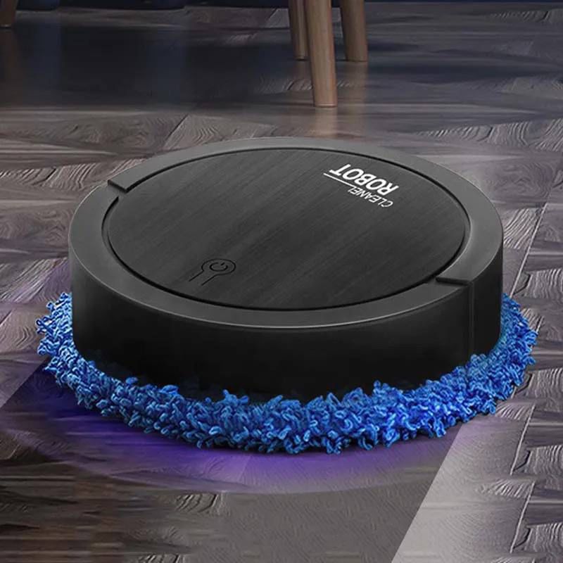 robot de barrido y trapeado inteligente negro con mopa azul sobre suelo de madera compacto Tendeli Ecuador