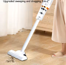 Aspiradora portátil inalámbrica para hogar blanca tipo stick limpiando suelo de madera con depósito transparente