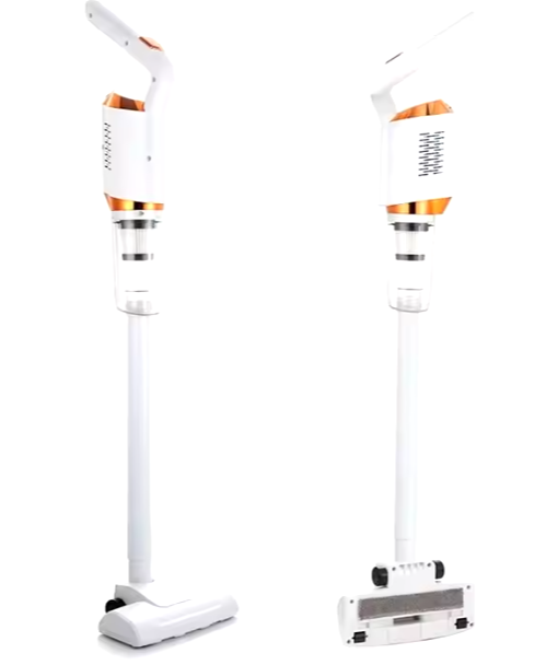 aspiradora portátil inalámbrica para hogar escoba eléctrica blanca con detalles dorados y dos vistas