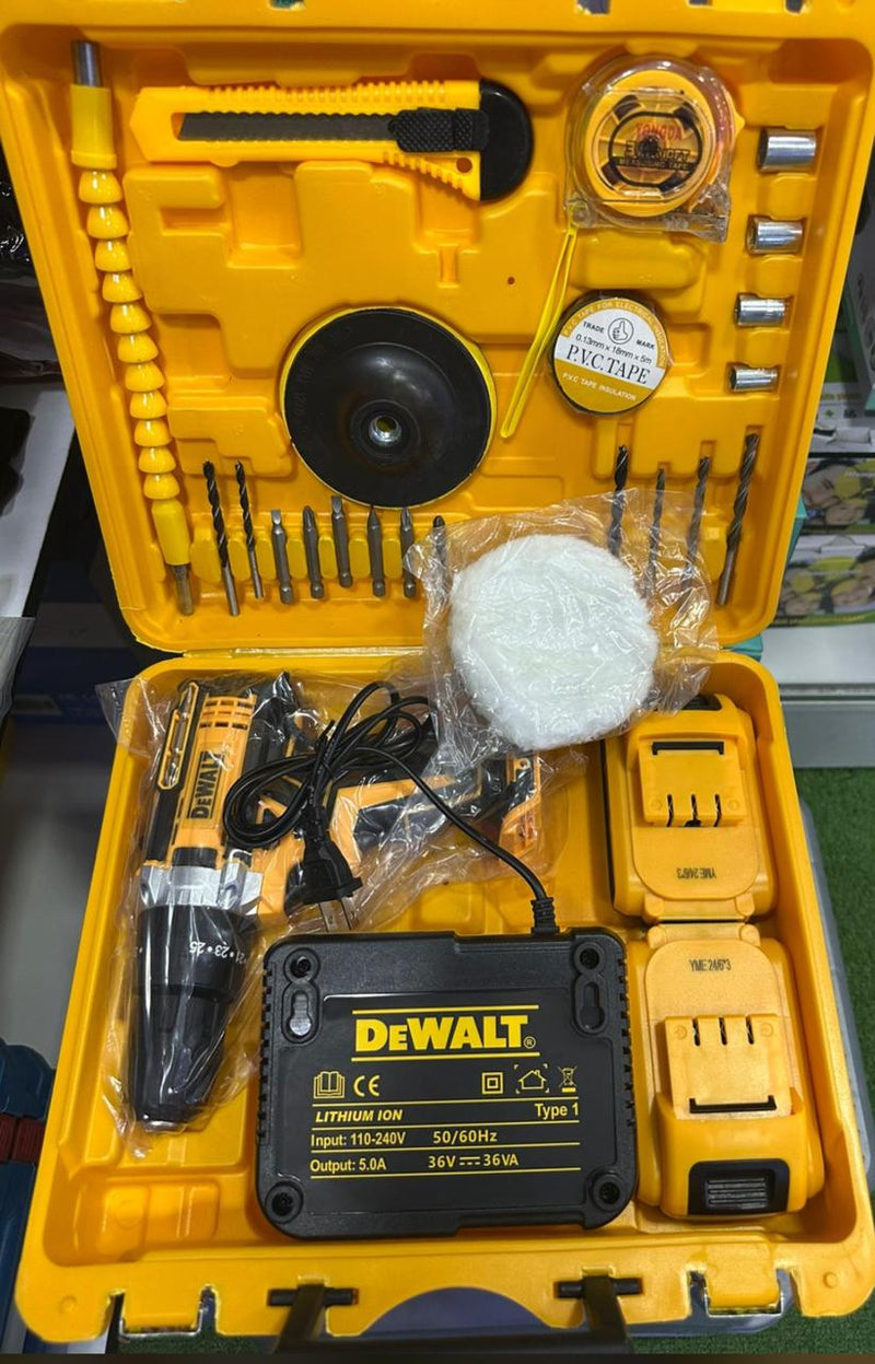 Juego taladro pulidora inalámbrico 21V DeWalt en maletín amarillo con cargador baterías brocas y accesorios
