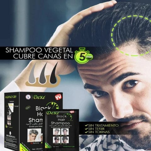 Shampoo cubre canas oferta Dexe en caja y aplicación rápida para cubrir canas en 5 minutos