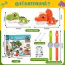 Set de jugueteria Tendeli Ecuador con pulsera walkie talkie para niños en verde y naranja dos dinosaurios cables USB y caja
