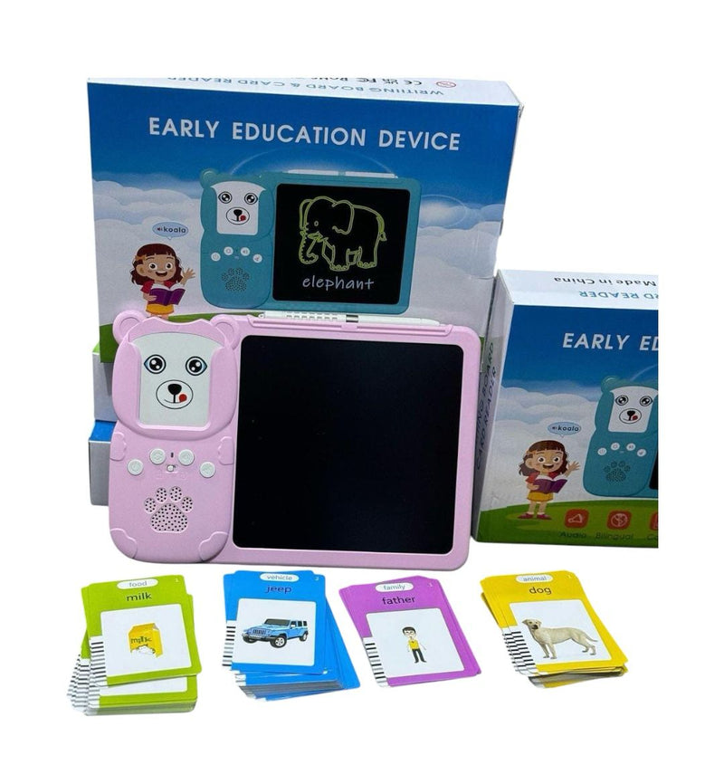 juego montessori interactivo dispositivo educativo rosa para bebé con pizarra y tarjetas ilustradas