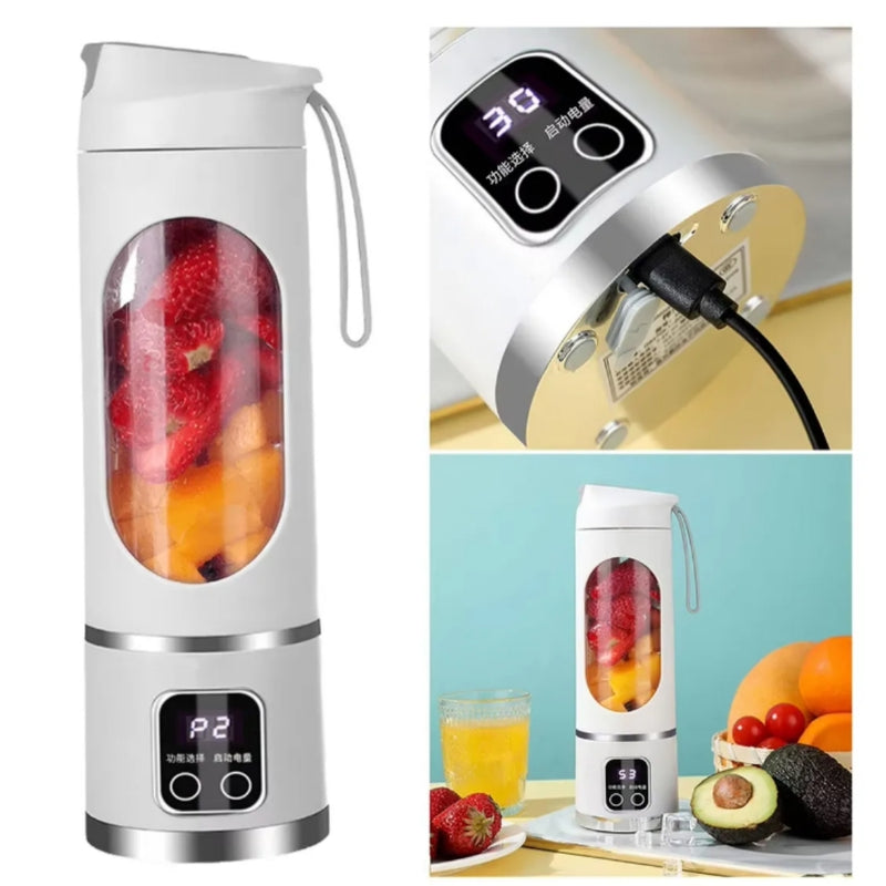 licuadora portátil recargable blanca con vaso transparente llena de frutas pantalla digital y puerto USB