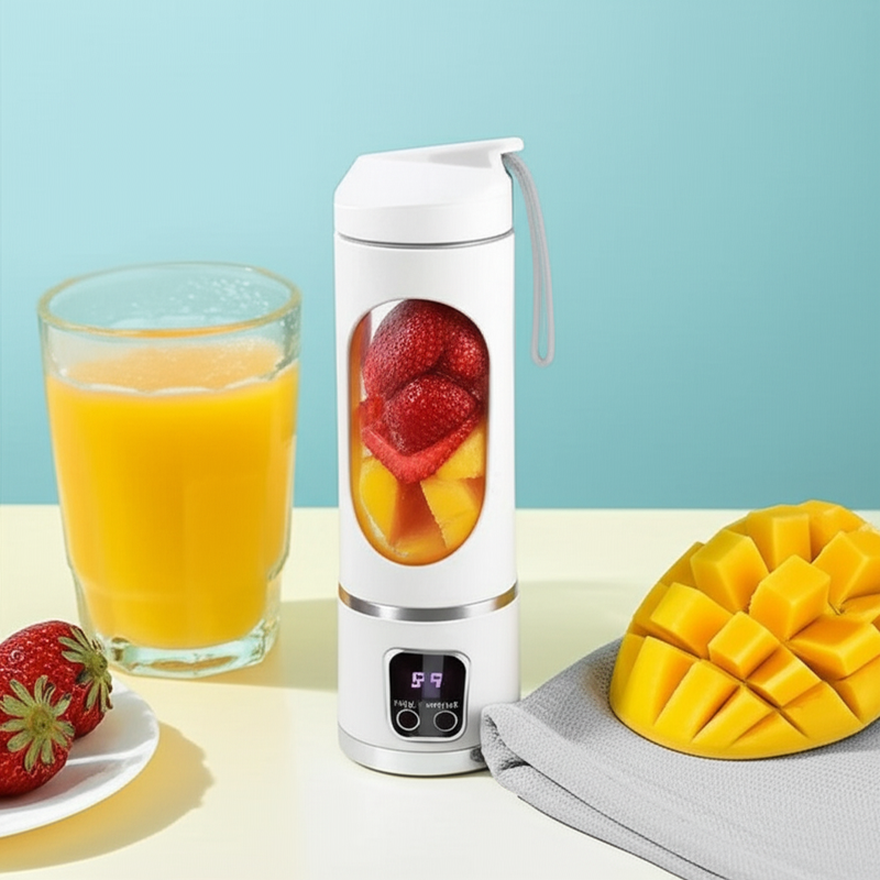 licuadora portátil recargable blanca Tendeli Ecuador con mango y fresa, vaso de jugo y pantalla digital