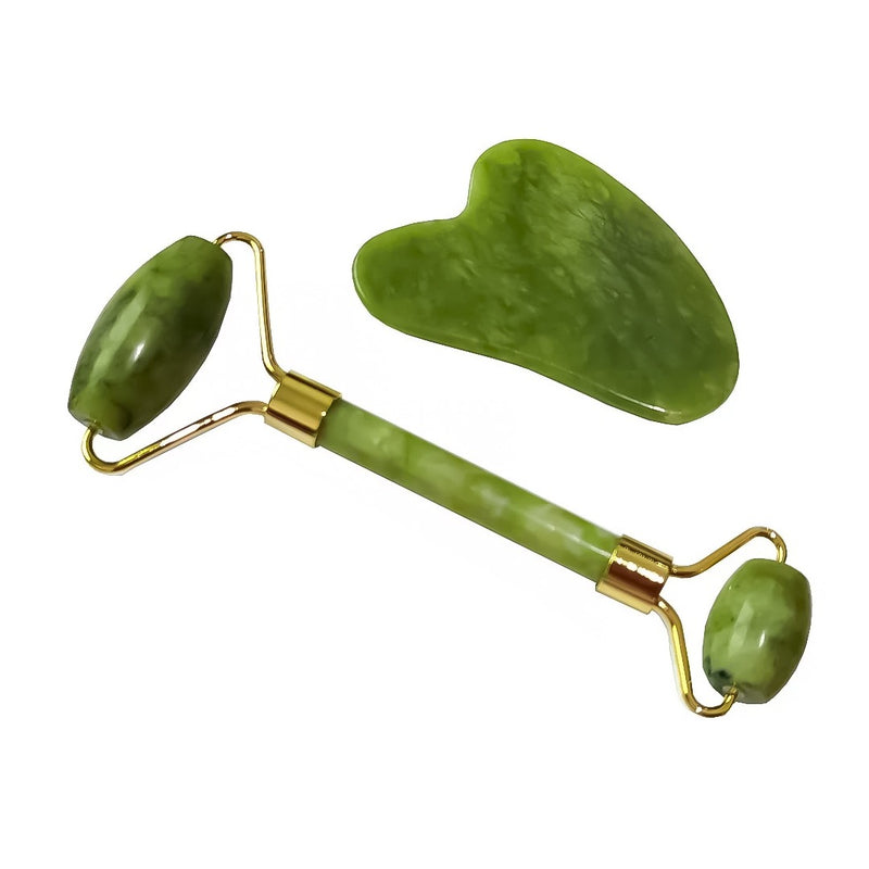 Rodillo y guasha jade para rejuvenecimiento facial conjunto verde para cuidado de la piel