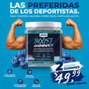 Envase de gomitas Boost sabor arándano con brazos musculares y oferta visible de gomitas energéticas 2x1 Ecuador