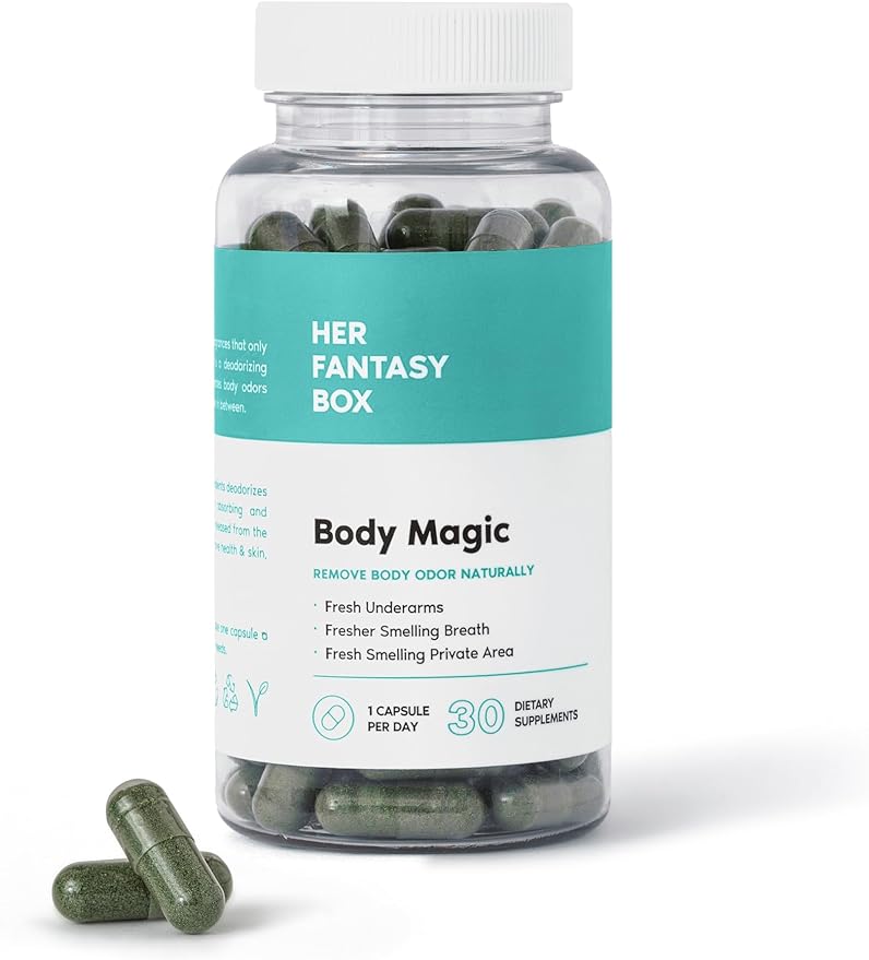 Frasco transparente de cápsulas verdes Body Magic Her Fantasy Box Tendeli Ecuador desodorante corporal 2x1 control olores