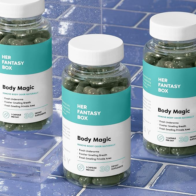 Tendeli Ecuador Body Magic frascos con capsulas verdes y etiqueta turquesa desodorante corporal 2x1