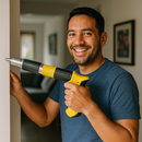 Hombre sonriente usando pistola remachadora profesional amarilla negra en casa ideal para proyectos hogar Tendeli Ecuador