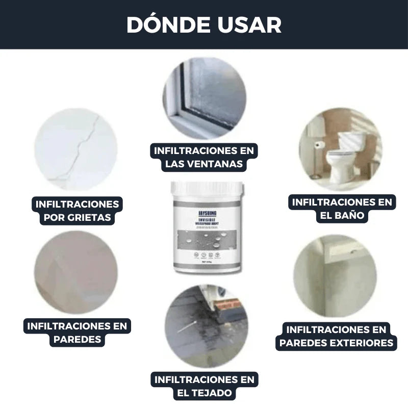 impermeabilizante para fugas y filtraciones Tendeli Ecuador envase mostrando usos en techo paredes ventanas y baño