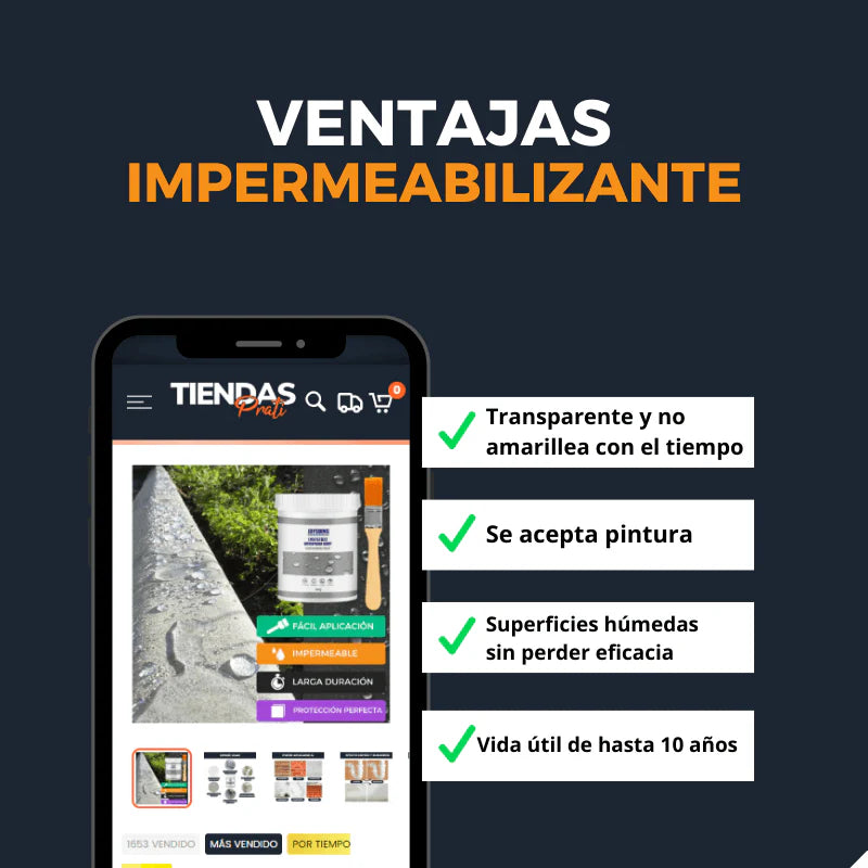 Imagen de Tendeli Ecuador que muestra un smartphone con las ventajas del impermeabilizante para fugas y filtraciones en el hogar