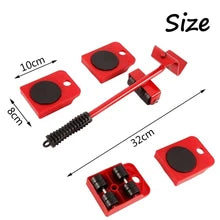 Juego de herramientas para mover muebles en color rojo, incluye rodillos y barra para facilitar el movimiento.