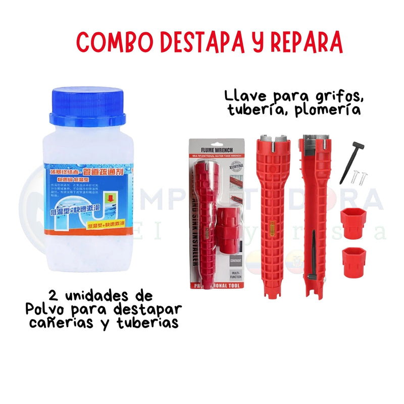 combo destapa y repara cañerías kit hogar con 2 envases de polvo desatascador y llave para tuberías roja