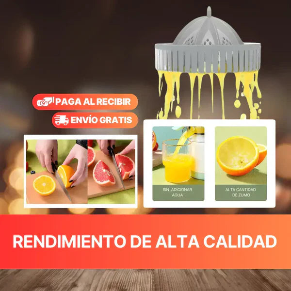 exprimidor eléctrico de frutas portátil gris exprimiendo naranjas con imágenes de corte de cítricos y vaso