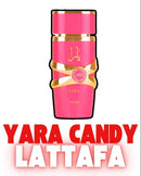 Perfume Lattafa 50 ml Yara Candy en frasco rosa brillante con detalles dorados