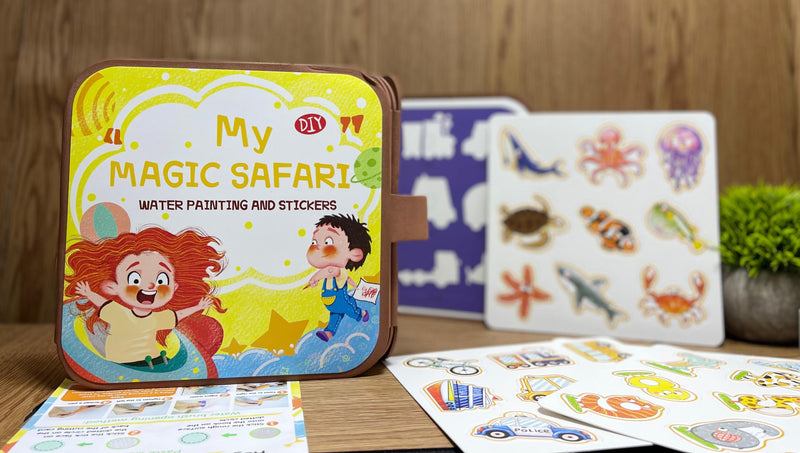libro mágico infantil para pintar con agua Tendeli Ecuador Safari caja metálica con pegatinas y láminas de animales para niños