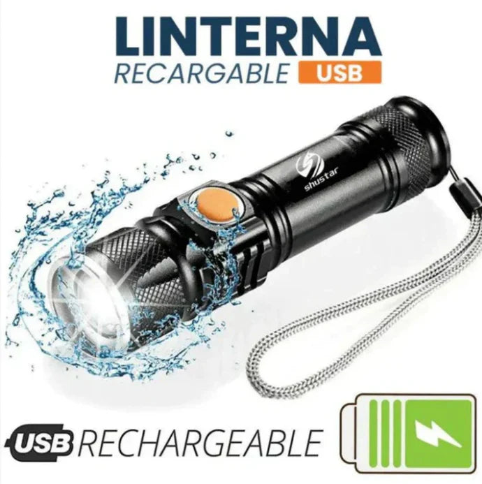 linterna recargable usb compacta resistente al agua con luz LED potente y correa de mano para exteriores