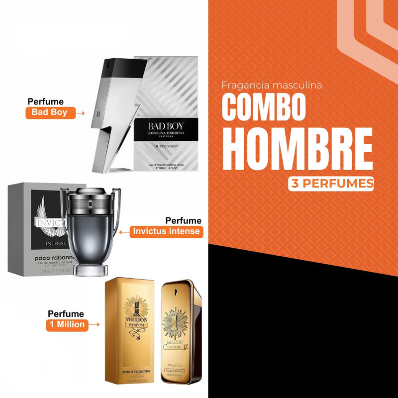 Combo de fragancias masculinas que incluye Bad Boy, Invictus Intense y 1 Million en la trilogía perfume hombre