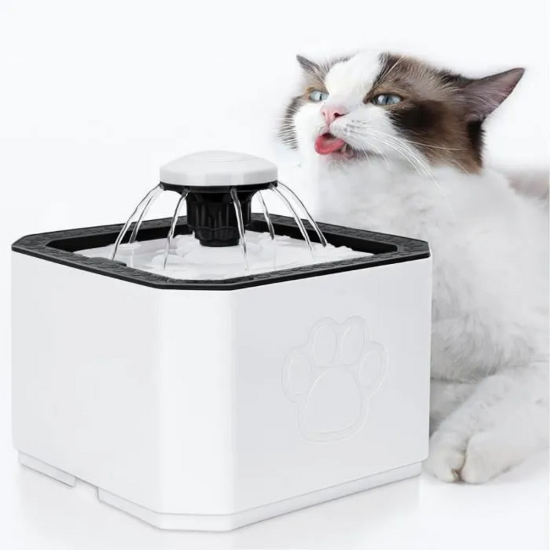 Bebedero automático para gatos Tendeli Ecuador fuente blanca cuadrada con chorros de agua y gato bebiendo