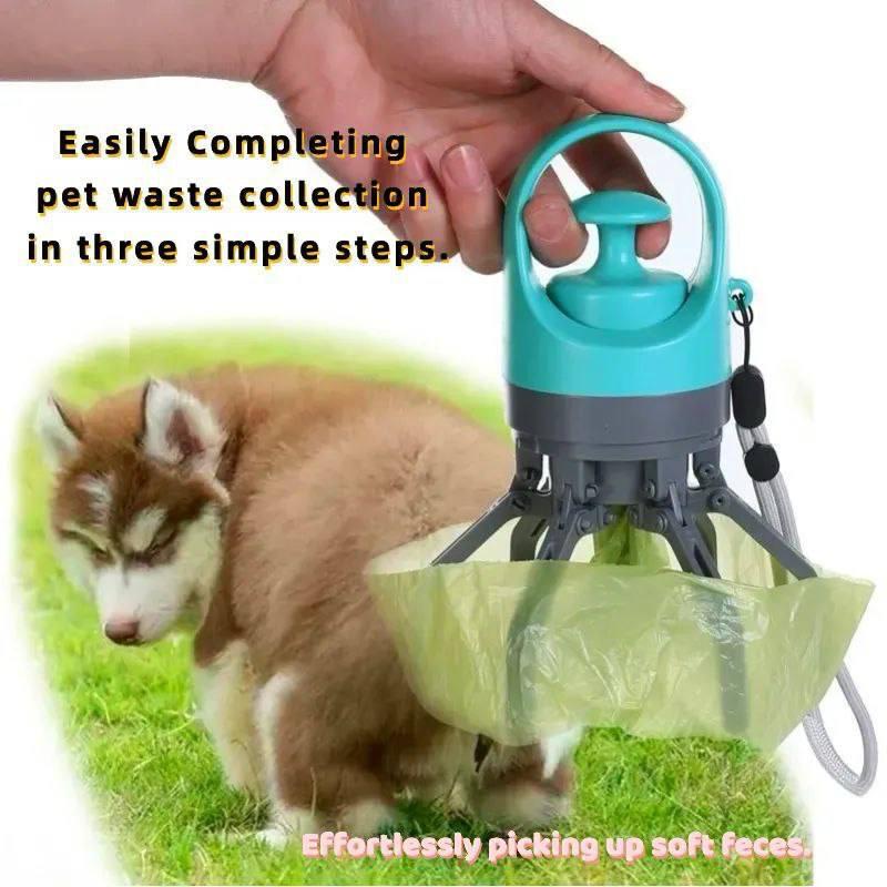 Recogedor de excrementos para perros color turquesa con bolsa husky en cesped accesorios para paseo de perros en Ecuador