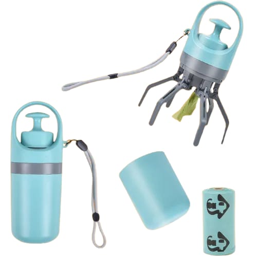 Dispensador multifuncion azul turquesa con recogedor y rollo de bolsas Tendeli Ecuador accesorios para paseo de perros en Ecuador