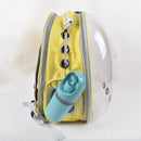 Mochila transportadora amarilla con ventana transparente y botella plegable azul accesorios para paseo de perros en Ecuador