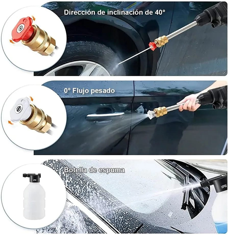 hidrolavadora inalámbrica alta presión Tendeli con boquilla 40 grados flujo pesado y botella de espuma para autos