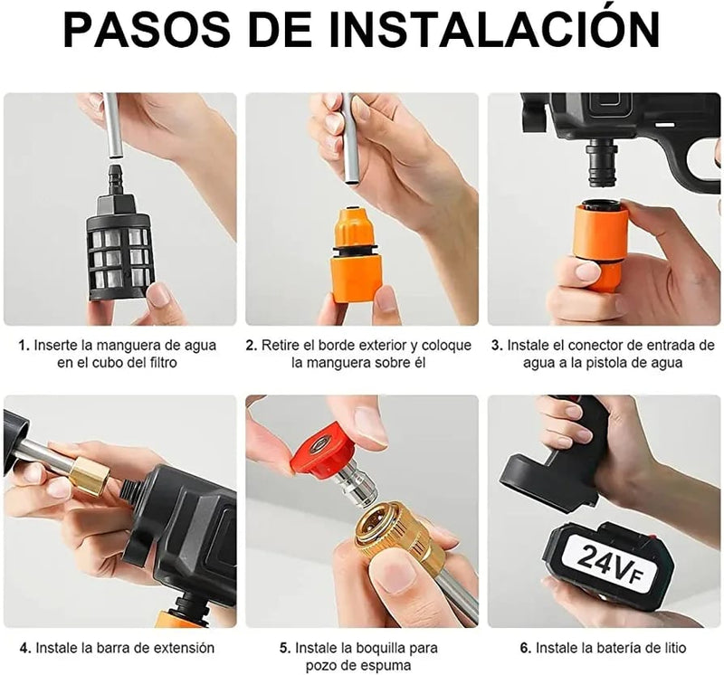 Pasos de instalación de hidrolavadora inalámbrica alta presión con manguera boquilla conector y batería 24V