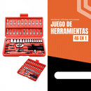 Juego de herramientas 46 en 1 en estuche rojo, ideal para reparaciones en el hogar y mantenimiento.