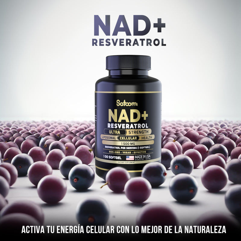 Frasco de suplemento Tendeli Ecuador NAD+ con resveratrol Ecuador entre bayas moradas activando energía celular