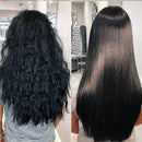 Resultado del uso de shampoo keratina con vitamina E mostrando cabello rizado antes y liso después