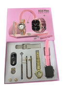 Smartwatch H58 plus para mujer en un elegante estuche rosa con accesorios brillantes