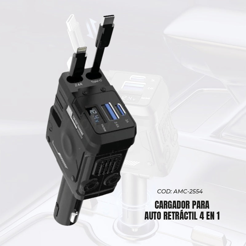 Vehículos Cargador Auto Retráctil 4 en 1 | Lightning + USB-C + Micro USB | Pantalla Voltaje | Ecuador de Tendeli Ecuador en