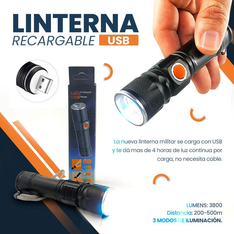 Tecnologia Linterna Militar Recargable USB Pack x2 | 3,800 Lúmenes | 3 Modos | Ecuador de Tendeli Ecuador en