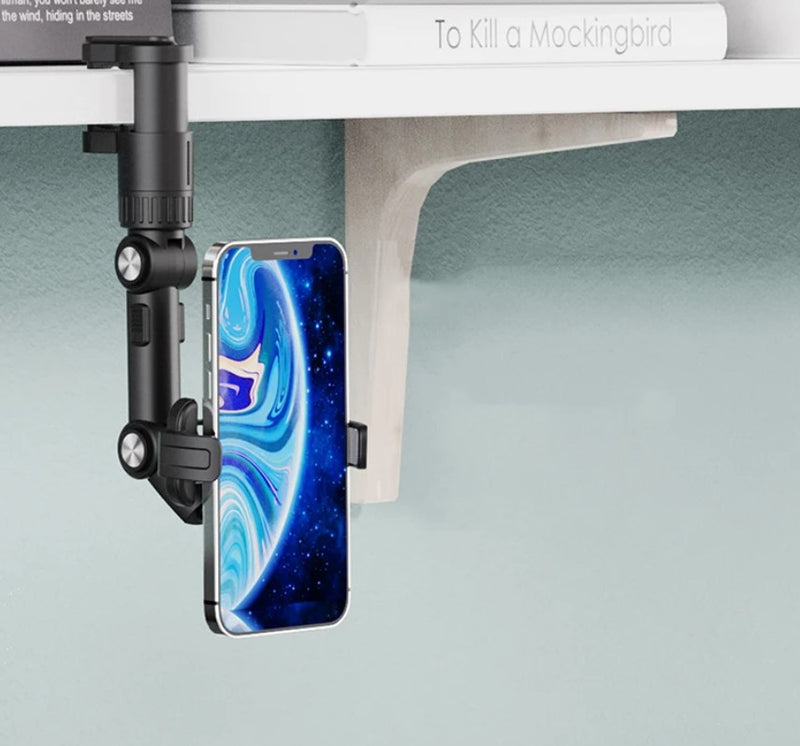 soporte de teléfono giratorio 360 grados Tendeli Ecuador para fijar smartphone bajo estante con brazo ajustable