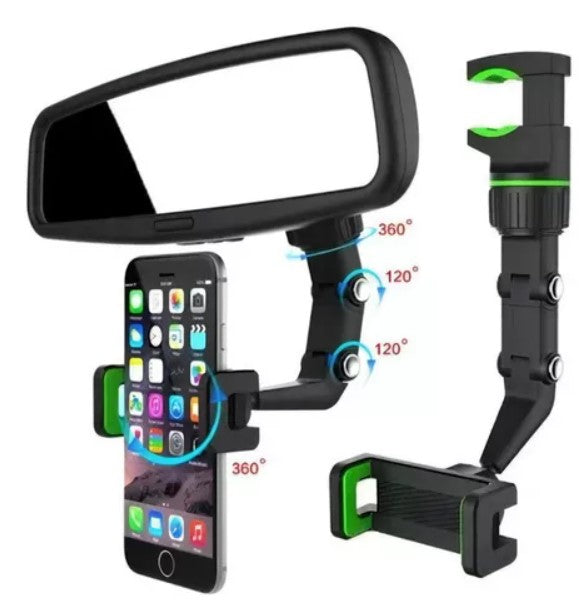 soporte de teléfono giratorio 360 grados para espejo retrovisor de coche con brazo ajustable y agarre antideslizante