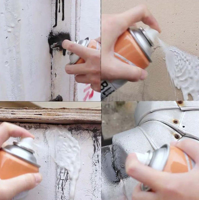 Mano aplicando spray sellador de grietas transparente sobre grietas y juntas en paredes y tuberia para reparacion
