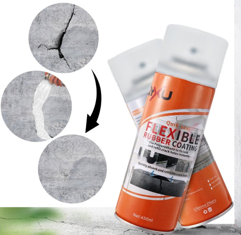 spray sellador de grietas transparente Tendeli 450ml envase naranja muestra aplicacion y antes durante despues en pared