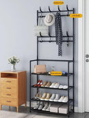 Zapatera de 4 niveles con ganchos para ropa y accesorios, ideal para la entrada del hogar